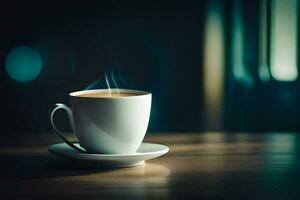 a cup of coffee on a table. AI-Generated photo