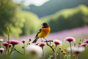 un pájaro es sentado en un rama en un campo de flores generado por ai foto
