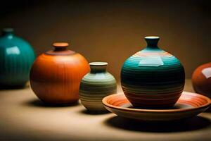 a group of colorful vases and bowls. AI-Generated photo