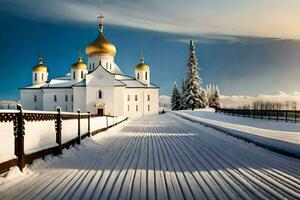 a snowy road leads to a church with golden domes. AI-Generated photo