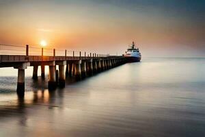 a long exposure photograph of a boat on a pier at sunset. AI-Generated photo