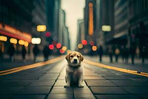 a dog is standing on the street in a city. AI-Generated photo