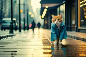 un gato en un azul chaqueta caminando abajo un calle. generado por ai foto