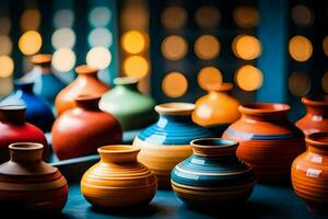 colorful vases on a table. AI-Generated photo