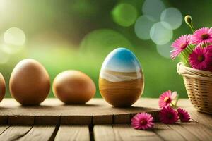 easter eggs and flowers on a wooden table. AI-Generated photo