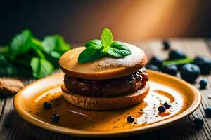 a hamburger with blueberries and mint on a plate. AI-Generated photo