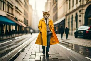 a cat wearing a yellow coat and walking down a street. AI-Generated photo