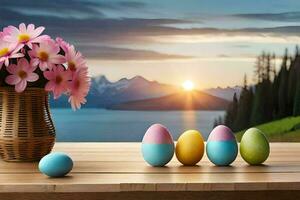 easter eggs in a vase with flowers and mountains in the background. AI-Generated photo