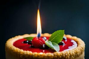 a close up of a red and white cake with a candle. AI-Generated photo