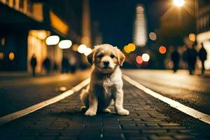 a puppy sitting on the street at night. AI-Generated photo