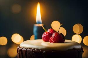 a chocolate cake with a candle and two raspberries. AI-Generated photo