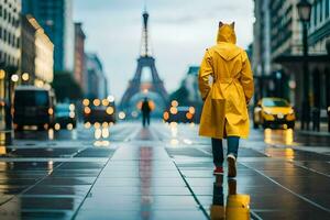 a person walking in the rain with a yellow raincoat. AI-Generated photo