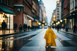 un persona en un amarillo impermeable caminando abajo un calle. generado por ai foto