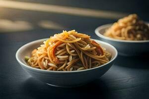 two bowls of noodles sit on a table. AI-Generated photo