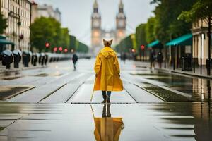 a person in a yellow raincoat walking down a street. AI-Generated photo