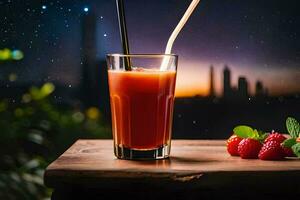 a glass of juice with strawberries and raspberries on a wooden table. AI-Generated photo