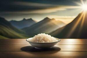 rice in a bowl on a table with mountains in the background. AI-Generated photo