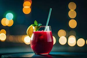 a red drink with a straw and a slice of lemon. AI-Generated photo