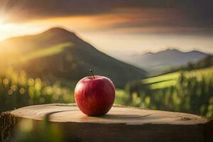 an apple sits on a stump in front of a mountain. AI-Generated photo