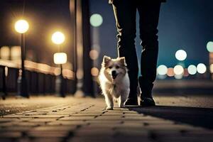 un persona caminando un perro a noche. generado por ai foto