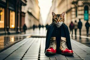 a cat sitting on the ground with red shoes. AI-Generated photo