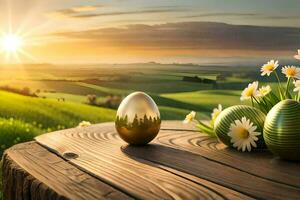 Pascua de Resurrección huevos en un mesa en el campo. generado por ai foto