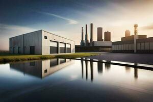 a factory building with a pond and a large factory. AI-Generated photo