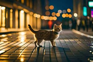 a cat walking on a city street at night. AI-Generated photo