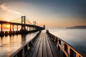 un muelle con un puente líder a el Oceano a puesta de sol. generado por ai foto