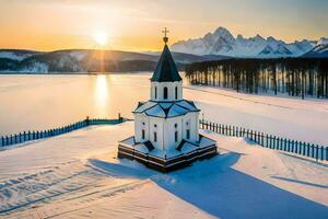 a church in the snow with the sun setting behind it. AI-Generated photo