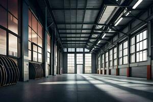 an empty warehouse with large windows and lots of space. AI-Generated photo