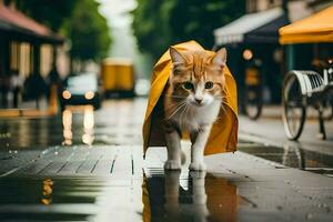 un gato caminando en el lluvia con un amarillo sombrilla. generado por ai foto