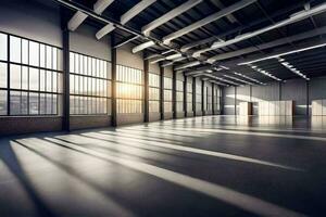 an empty warehouse with large windows and a large open space. AI-Generated photo