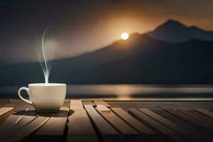 a cup of coffee on a wooden table with mountains in the background. AI-Generated photo