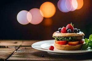 a sandwich with berries and spinach on a plate. AI-Generated photo