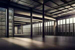 an empty warehouse with lots of windows. AI-Generated photo