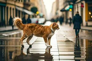 an orange cat walking across a wet street. AI-Generated photo