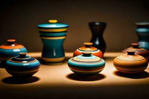 a group of colorful vases sitting on a table. AI-Generated photo