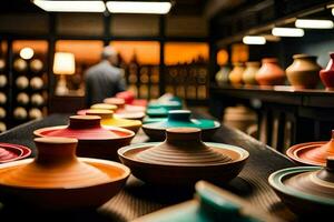 a row of colorful bowls on a table. AI-Generated photo