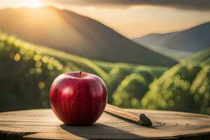 un manzana se sienta en parte superior de un mesa con montañas en el antecedentes. generado por ai foto