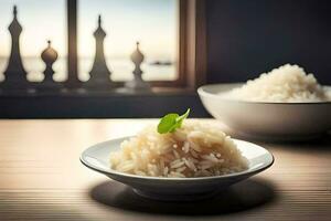 the rice is served in a bowl with a leaf on top. AI-Generated photo