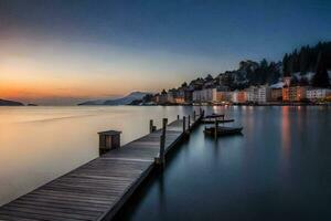 un muelle a puesta de sol en el medio de un lago. generado por ai foto