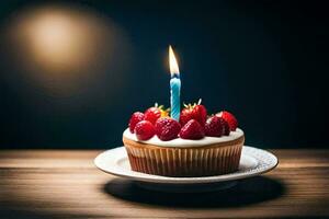 a cupcake with strawberries and a lit candle. AI-Generated photo