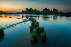 the sun sets over a river and mountains. AI-Generated photo