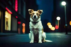 a dog sitting on the street at night. AI-Generated photo