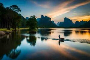 a man is standing on a boat in the middle of a lake at sunset. AI-Generated photo