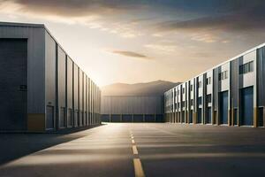 a large warehouse with two doors and a sun setting behind it. AI-Generated photo