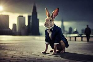 a rabbit in a suit and tie sitting on the ground. AI-Generated photo