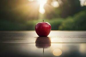 an apple sits on a wooden table in front of the sun. AI-Generated photo