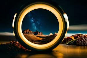 a circular lens with a view of a desert landscape. AI-Generated photo
